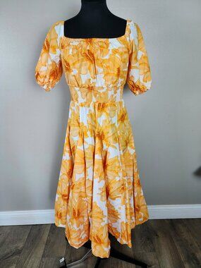 INC International Concepts Small Cotton Smocked Waist Midi Dress Milkmaid Floral